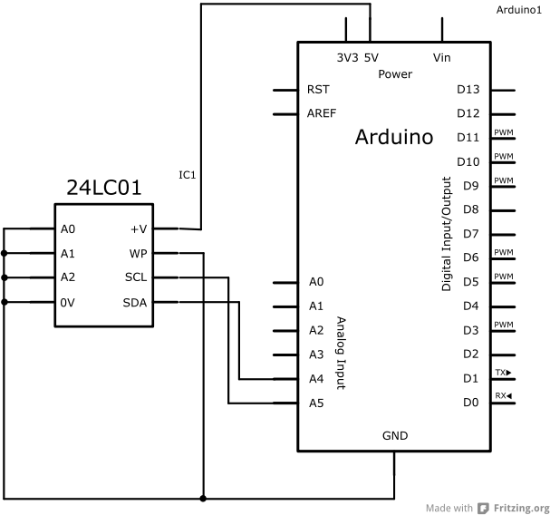 Schéma zapojení EEPROM a Arduino Uno.