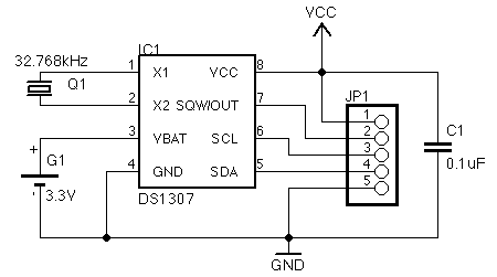 Nejjednodušší zapojení obvodu DS1307.