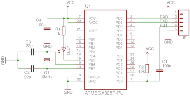 Arduino kompatibilní obvod s minimálním počtem součástek na nepájivém poli.