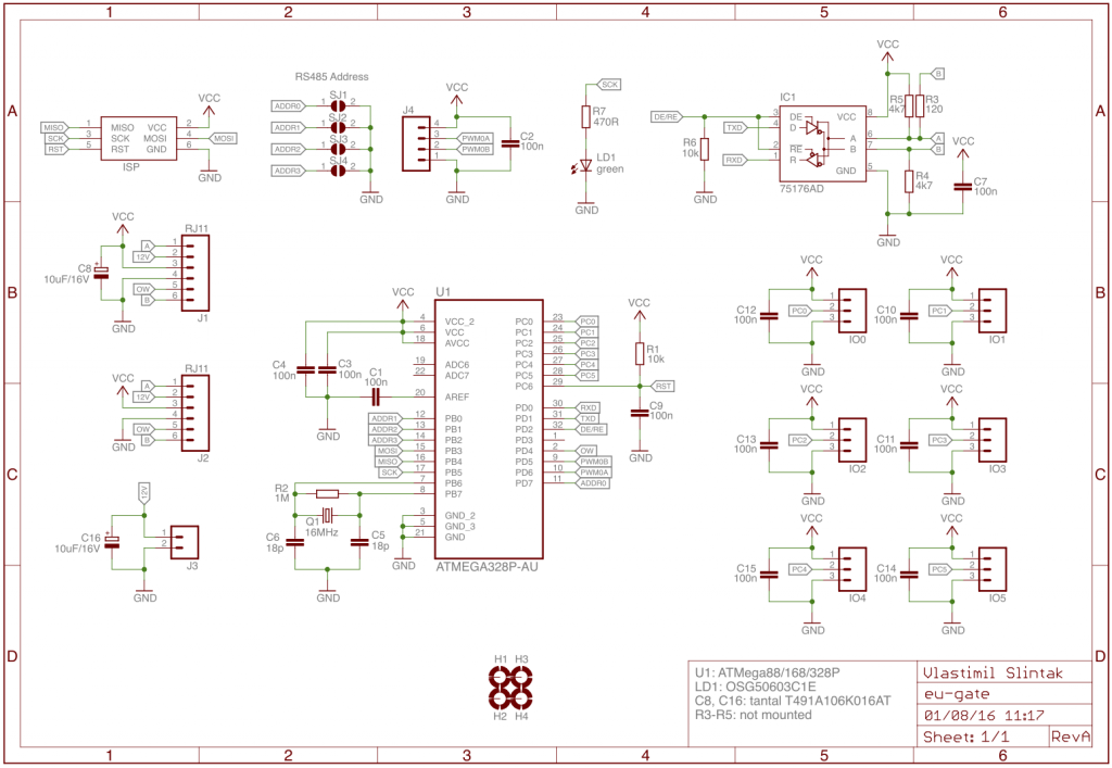 Kompletní schéma hlavní DPS s mikrokontrolérem.